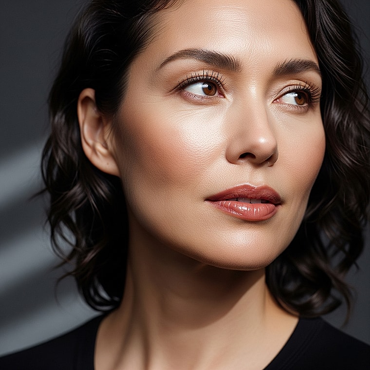 Close-up of a woman with flowing dark hair.