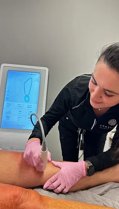 Skin treatment procedure with medical device in clinic.